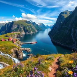 A stunning landscape that captures the majestic beauty of Norway, featuring towering fjords with steep cliffs and serene waters reflecting the sky