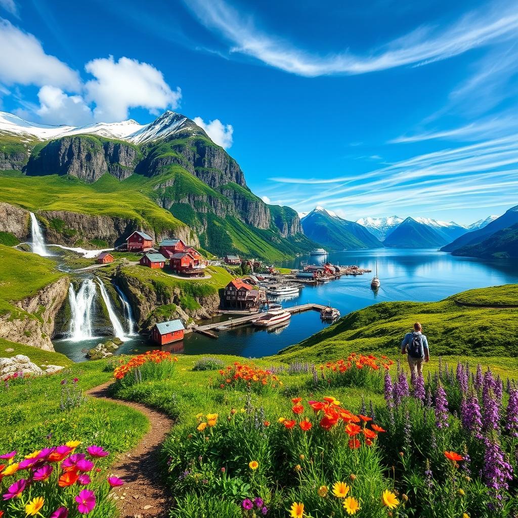 A stunning landscape that captures the majestic beauty of Norway, featuring towering fjords with steep cliffs and serene waters reflecting the sky