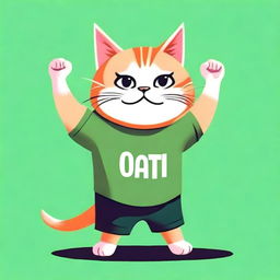 A robust cat in a green T-shirt, standing tall and flexing its muscles