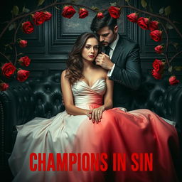 In a classic, dark house, a beautiful girl with brown curls sits gracefully on a luxurious black quilted sofa, adorned in an elegant white dress