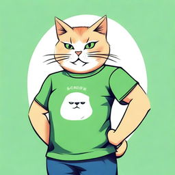 A robust cat in a green T-shirt, standing tall and flexing its muscles