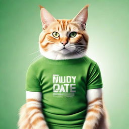 A photorealistic rendering of a well-built cat adorned in a green T-shirt, showing off its muscles