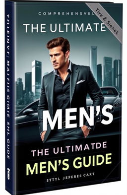 A comprehensive and engaging book cover design titled 'The Ultimate Men's Guide', featuring a strong and confident man embodying modern masculinity