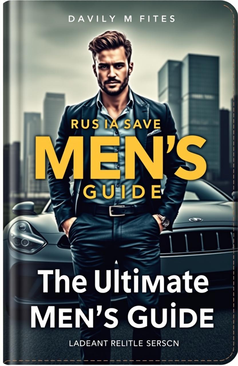 A comprehensive and engaging book cover design titled 'The Ultimate Men's Guide', featuring a strong and confident man embodying modern masculinity