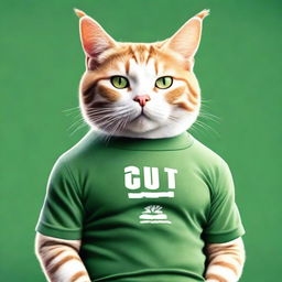 A photorealistic rendering of a well-built cat adorned in a green T-shirt, showing off its muscles