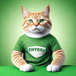 A photorealistic rendering of a well-built cat adorned in a green T-shirt, showing off its muscles