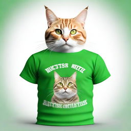 A photorealistic rendering of a well-built cat adorned in a green T-shirt, showing off its muscles