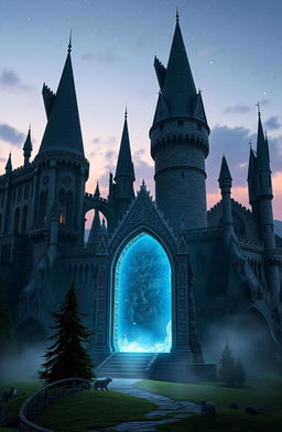 A majestic castle reminiscent of Harry Potter, with towering spires and intricate gothic architecture, set against a twilight sky filled with shimmering stars