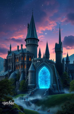 A majestic castle reminiscent of Harry Potter, with towering spires and intricate gothic architecture, set against a twilight sky filled with shimmering stars