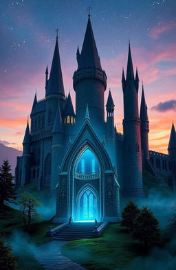 A majestic castle reminiscent of Harry Potter, with towering spires and intricate gothic architecture, set against a twilight sky filled with shimmering stars