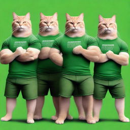 A photorealistic image of several muscular cats, each wearing green t-shirts, standing in unison showcasing their strength