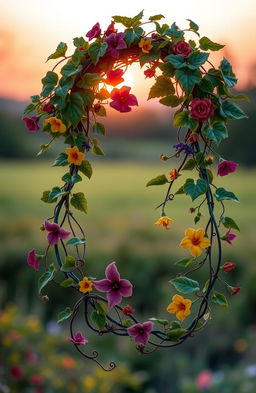 Two colorful, intricate vines intertwining around each other, displaying rich green leaves and vibrant flowers, set against a soft-focus background of a warm sunset