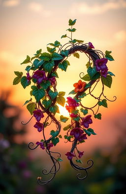 Two colorful, intricate vines intertwining around each other, displaying rich green leaves and vibrant flowers, set against a soft-focus background of a warm sunset