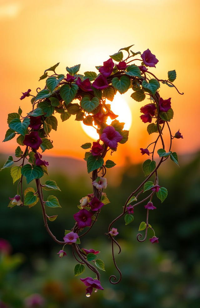 Two colorful, intricate vines intertwining around each other, displaying rich green leaves and vibrant flowers, set against a soft-focus background of a warm sunset