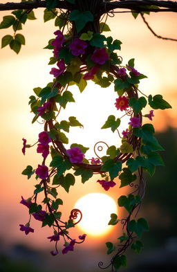Two colorful, intricate vines intertwining around each other, displaying rich green leaves and vibrant flowers, set against a soft-focus background of a warm sunset