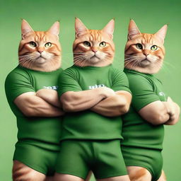 A photorealistic image of several muscular cats, each wearing green t-shirts, standing in unison showcasing their strength