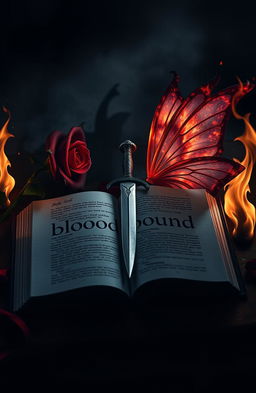 An open book in the center of the image featuring the first half of the title 'Bloodbound' prominently displayed on its pages