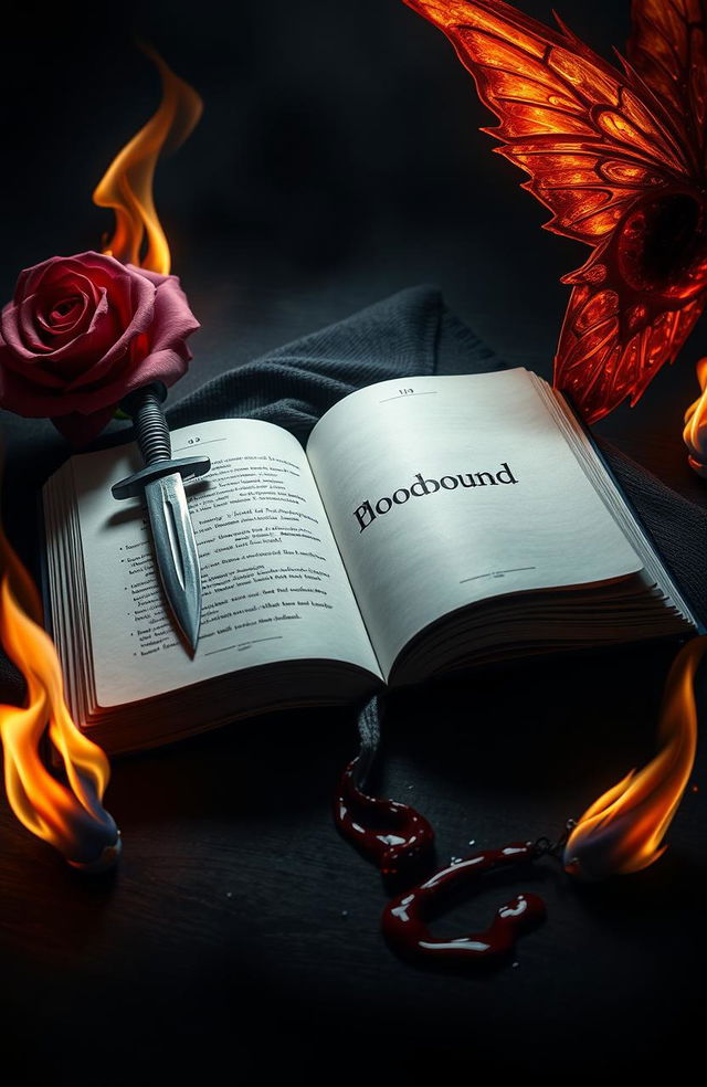 An open book in the center of the image featuring the first half of the title 'Bloodbound' prominently displayed on its pages