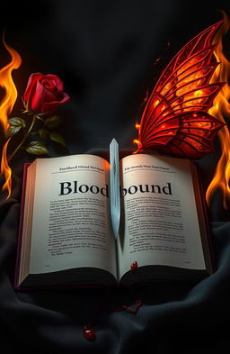 An open book in the center of the image featuring the first half of the title 'Bloodbound' prominently displayed on its pages
