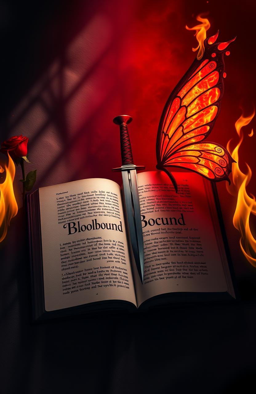 An open book in the center of the image featuring the first half of the title 'Bloodbound' prominently displayed on its pages