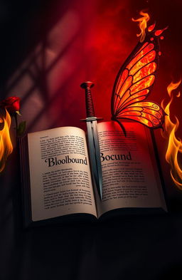 An open book in the center of the image featuring the first half of the title 'Bloodbound' prominently displayed on its pages