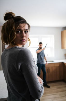 A woman with a concerned expression watching from a modern kitchen, her face partially visible as she observes a man standing inside the kitchen holding a kitchen knife