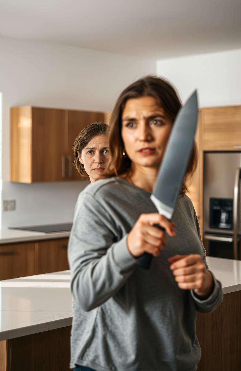 A woman with a concerned expression watching from a modern kitchen, her face partially visible as she observes a man standing inside the kitchen holding a kitchen knife