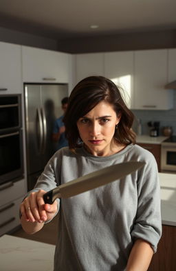 A woman with a concerned expression watching from a modern kitchen, her face partially visible as she observes a man standing inside the kitchen holding a kitchen knife