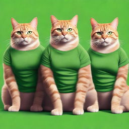 A photorealistic image of several muscular cats, each wearing green t-shirts, standing in unison showcasing their strength