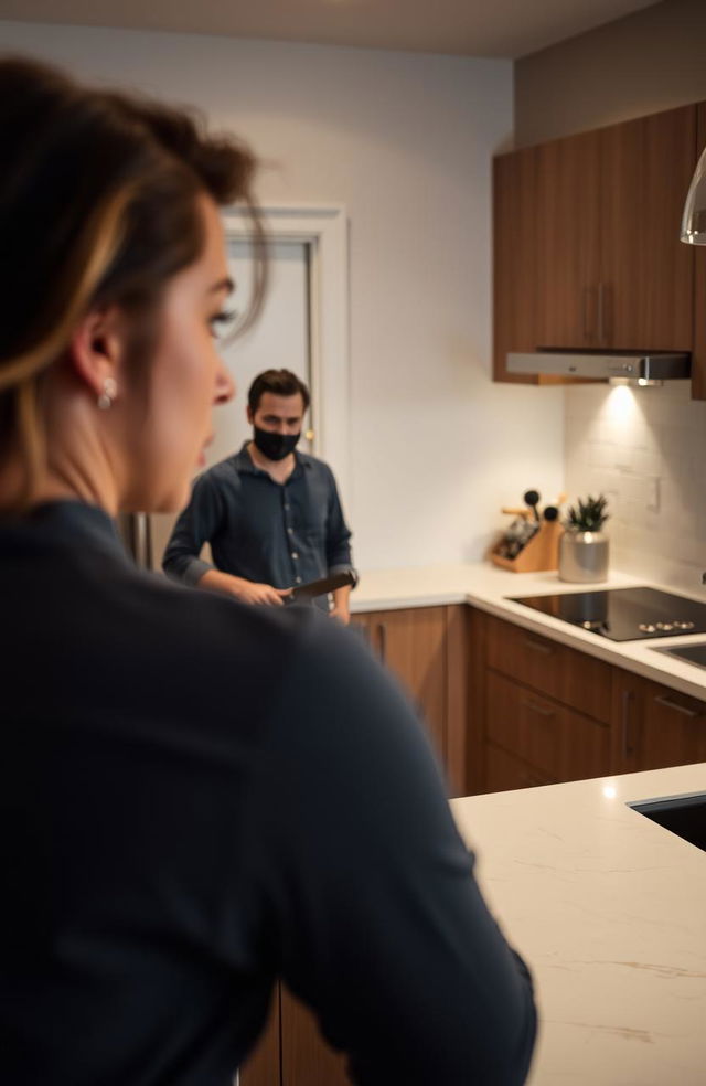 A woman with a concerned expression watching from a modern kitchen, her face partially visible as she observes a man standing inside the kitchen holding a kitchen knife