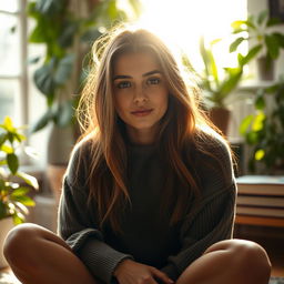 A close-up portrait of a woman with a serene expression, sitting cross-legged in a cozy, sunlit room filled with plants