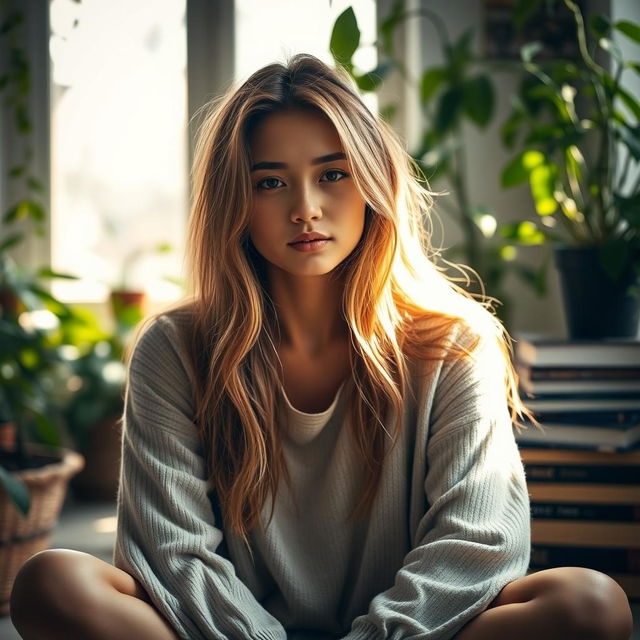 A close-up portrait of a woman with a serene expression, sitting cross-legged in a cozy, sunlit room filled with plants