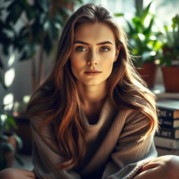 A close-up portrait of a woman with a serene expression, sitting cross-legged in a cozy, sunlit room filled with plants