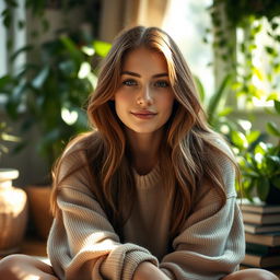 A close-up portrait of a woman with a serene expression, sitting cross-legged in a cozy, sunlit room filled with plants