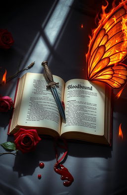 An open book lying at the center of the image, adorned with a dagger acting as a bookmark, prominently displaying the first half of the title 'Bloodbound' on its pages