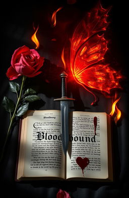 An open book lying at the center of the image, adorned with a dagger acting as a bookmark, prominently displaying the first half of the title 'Bloodbound' on its pages