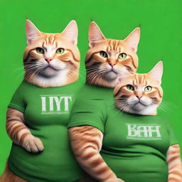 A photorealistic image of several muscular cats, each wearing green t-shirts, standing in unison showcasing their strength