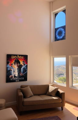 A cozy room featuring a large window in the top right corner, sunlight streaming in and casting a warm glow across the space