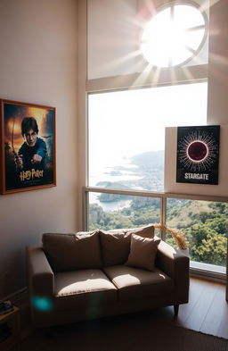 A cozy room featuring a large window in the top right corner, sunlight streaming in and casting a warm glow across the space