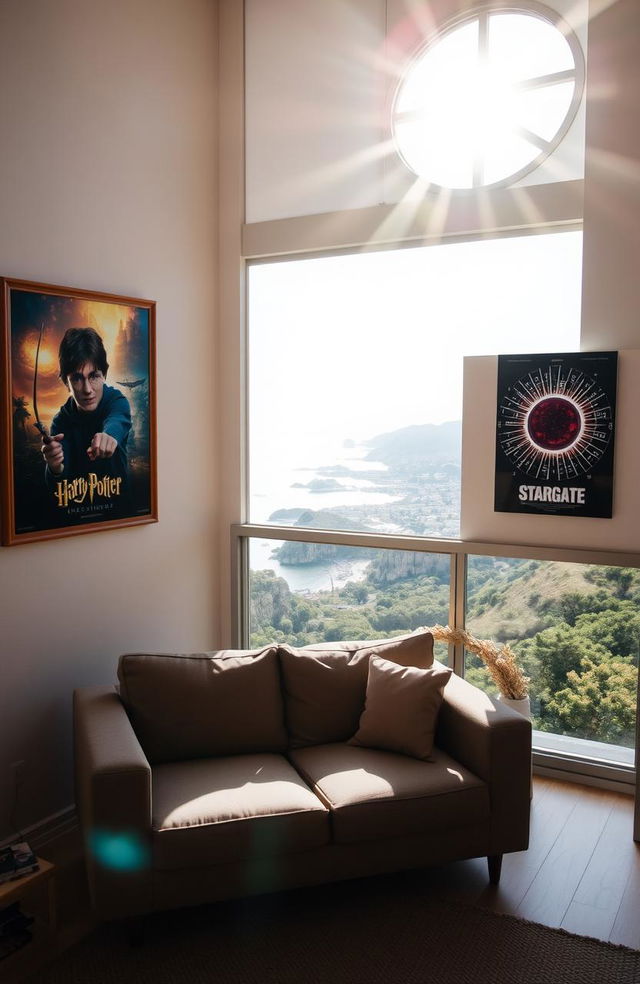 A cozy room featuring a large window in the top right corner, sunlight streaming in and casting a warm glow across the space