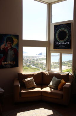 A cozy room featuring a large window in the top right corner, sunlight streaming in and casting a warm glow across the space