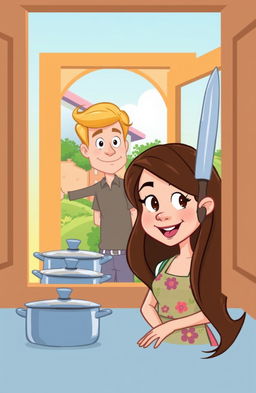 A cartoon style illustration featuring a woman with long brown hair, peering curiously through a cozy kitchen window