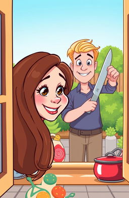 A cartoon style illustration featuring a woman with long brown hair, peering curiously through a cozy kitchen window