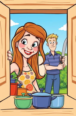 A cartoon style illustration featuring a woman with long brown hair, peering curiously through a cozy kitchen window