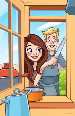 A cartoon style illustration featuring a woman with long brown hair, peering curiously through a cozy kitchen window