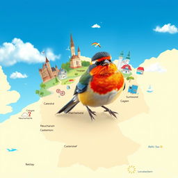 A small bird with vibrant, colorful plumage floating over a map of Germany, where the borders of all 16 federal states are lightly highlighted