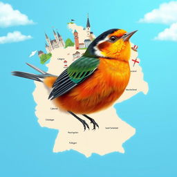 A small bird with vibrant, colorful plumage floating over a map of Germany, where the borders of all 16 federal states are lightly highlighted