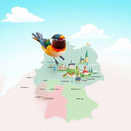 A small bird with vibrant, colorful plumage floating over a map of Germany, where the borders of all 16 federal states are lightly highlighted