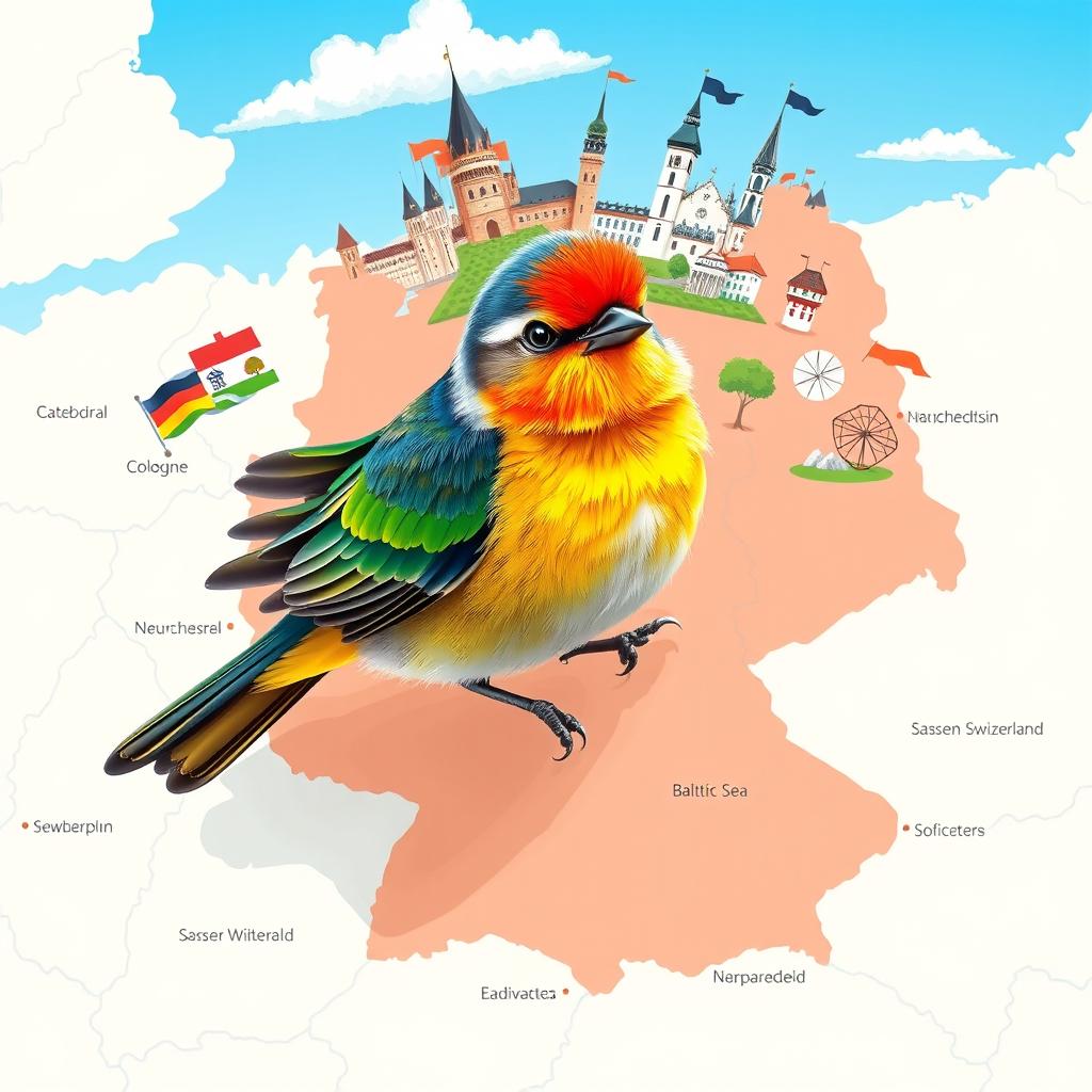 A small bird with vibrant, colorful plumage floating over a map of Germany, where the borders of all 16 federal states are lightly highlighted