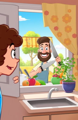 A playful cartoon image depicting a woman with short, curly hair peering through a kitchen window with wide eyes, showing a mix of surprise and curiosity